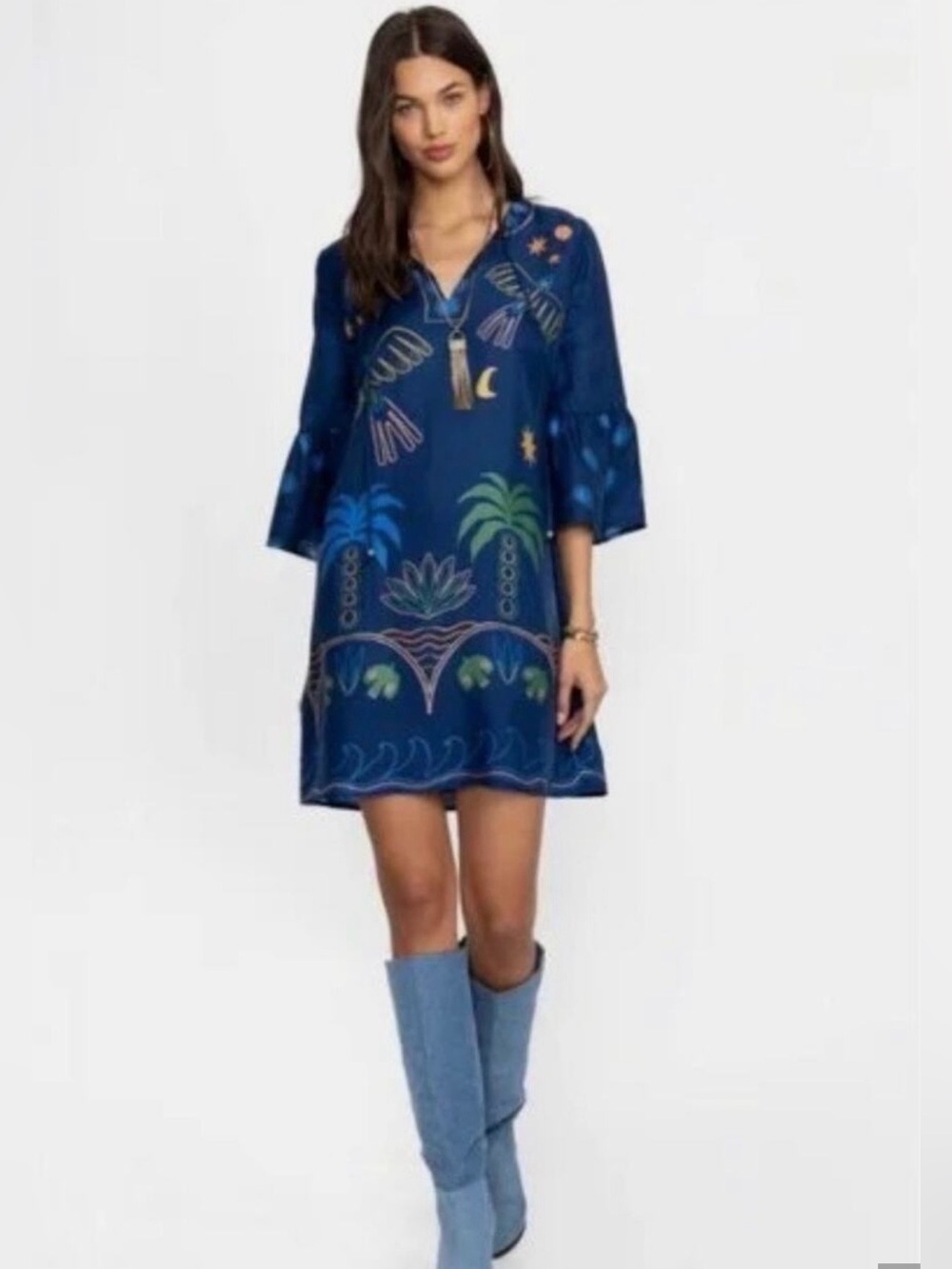 NWT Johnny Was Jade Blue Silk Dress Lorianne Del Mar Mini Sz L $375 Retail